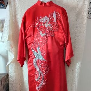 RED Satin Kimono Dress Dragon & Phoenix Gold Silver Thread Design Asian Wedding